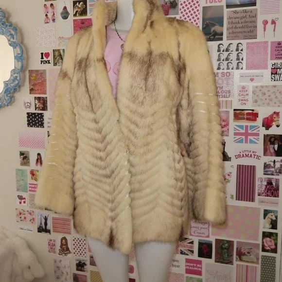 Vintage cream tan real fur Chevron mid-length Mink Fur Coat - Picture 6 of 8